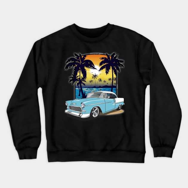 1955 Skyline Blue Chevy Bel Air Beach Print Crewneck Sweatshirt by RPM-ART